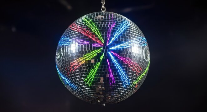 A sparkling mirrored disco ball hangs from the ceiling, reflecting vibrant neon lights and colorful patterns across a dark nightclub space, electric, rainbow, eighties