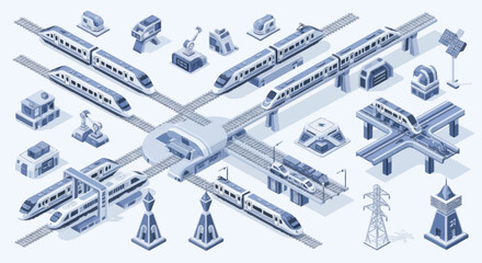 Isometric Illustration of Modern High-Speed Trains and Infrastructure. © Dono