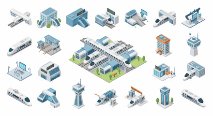 Isometric Airport and Transportation Icons Set. © Dono