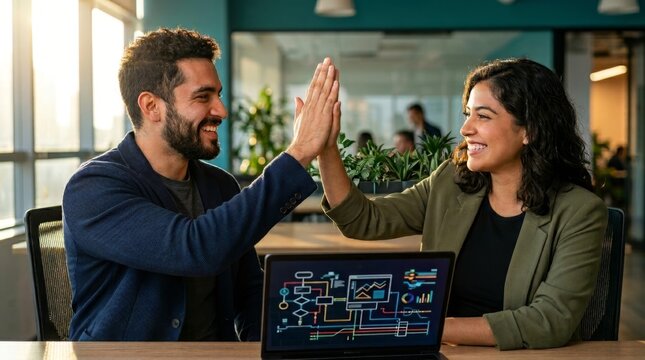 Latino software engineers high fiving over computer code in startup office