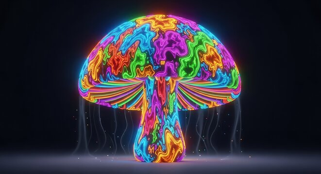 A vibrant psychedelic mushroom glowing with neon colors and morphing patterns, creating a trippy and surreal digital animation background, vivid, cosmic, iridescent