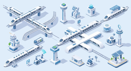 Modern transportation infrastructure isometric elements collection. © Dono