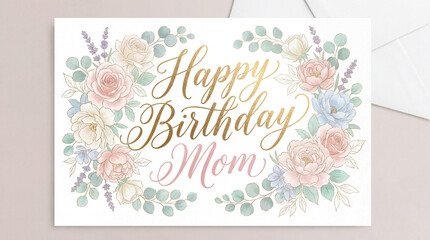Obraz premium Elegant floral birthday card for mom with pastel roses and leaves