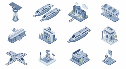 Isometric Illustrations of Modern Futuristic Transportation and Infrastructure. © Dono