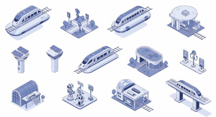 Modern Futuristic Train Station and Transportation Icons Set. © Dono