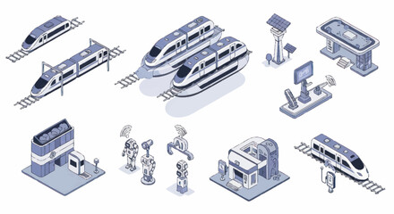 Modern High Speed Train Collection Isometric Vector Illustration. © Dono