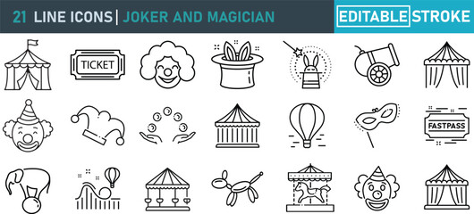 Joker and Magician Line Icon Set.Contains icons circus, clown, magic show, carnival, illusion, amusement park, festival performance and more. Editable stroke. Vector illustration. © PixiLine