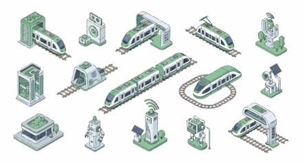 Futuristic High Speed Train Transportation System Isometric Icons. © Dono