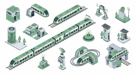 Modern High Speed Train Transportation System Elements Isometric Collection. © Dono