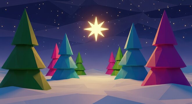 Angular low poly Christmas trees stand in a tranquil snowy landscape at night under a glowing celestial star within a stylized universe, wallpaper, midnight, christmas