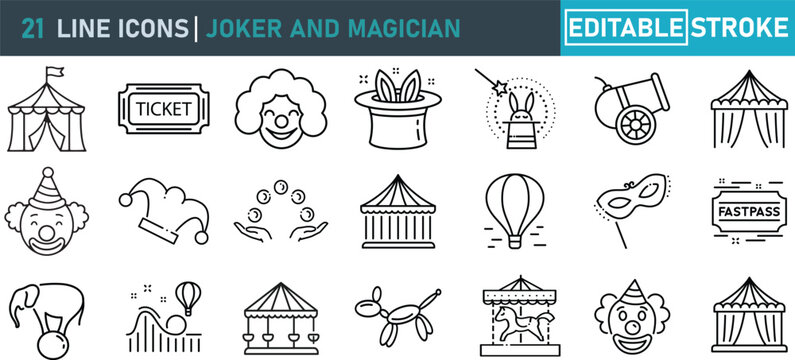 Joker and Magician Line Icon Set.Contains icons circus, clown, magic show, carnival, illusion, amusement park, festival performance and more. Editable stroke. Vector illustration.