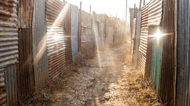 A narrow dusty path between corrugated metal fences in an informal settlement with bright sunlight rays and lens flares outdoors.