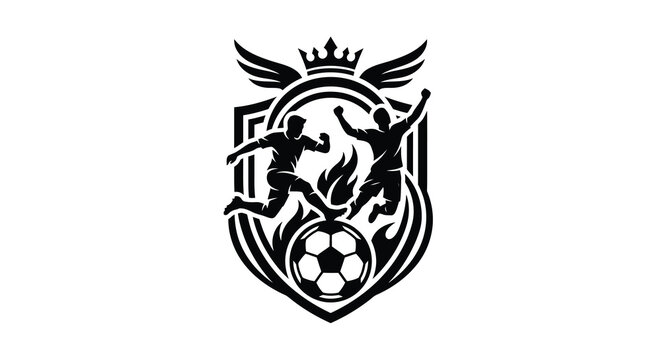 Silhouette of two soccer players kicking a ball in a shield with crown and wings
