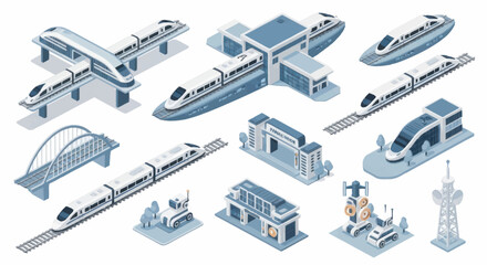 Modern high speed trains and stations isometric collection. © Dono