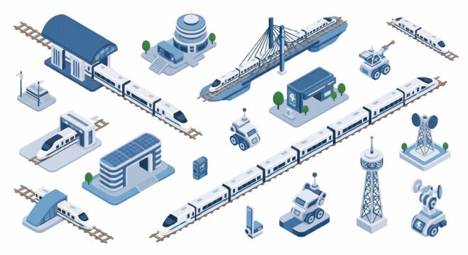 Modern high speed trains and railway infrastructure isometric illustration.