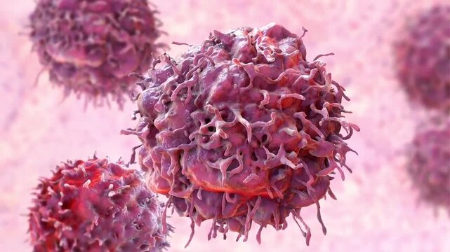 Tumour cells, 3D animation showing slowly drifting and rotating malignant cells, illustrating uncontrolled proliferation and cancer pathology in medical context.