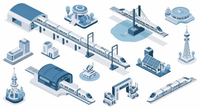 Modern High Speed Train Station and City Buildings Collection.