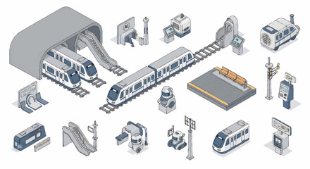 Modern urban transportation system isometric elements collection. © Dono