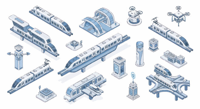 Futuristic transportation systems and vehicles isometric collection.