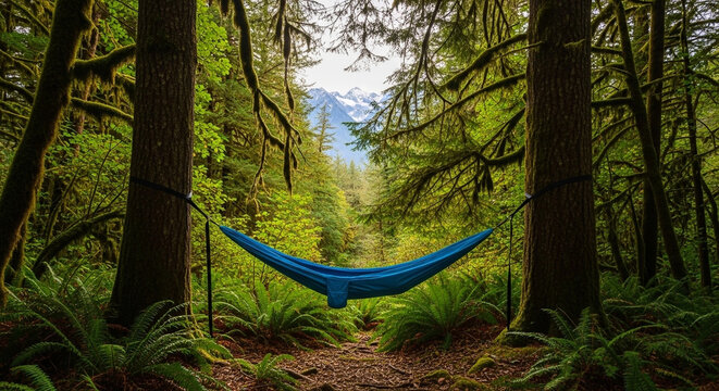 Vibrant blue hammock suspended between moss-covered trees in a lush, verdant temperate rainforest, beckoning relaxation amidst ancient ferns and distant mountain peaks.