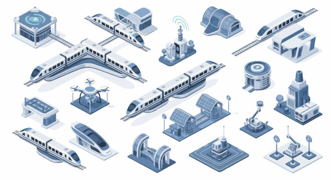Futuristic transportation and infrastructure elements isometric collection.