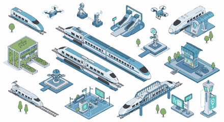 Collection of isometric futuristic transportation vehicles and buildings. © Dono
