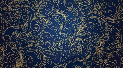 Luxury seamless floral pattern with golden swirls on a deep blue background © S.Siam