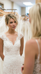 Naklejka premium Bride and friend try on elegant dresses in a wedding salon, sharing joyful support while choosing gowns for a special celebration.