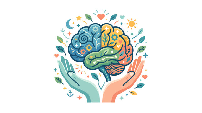 Colorful brain illustration held by two hands representing mental health and mindfulness.