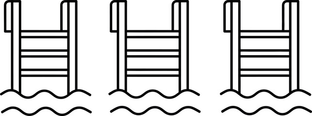 Three simple line art illustrations of swimming pool ladders entering wavy water isolated on transparent background © RAC.Design-Magic