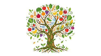 Fototapeta premium A vibrant tree of life made from various fruits and vegetables.