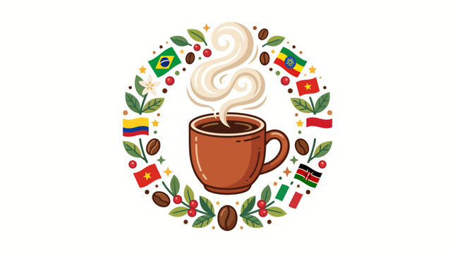 A steaming cup of coffee surrounded by a circular frame of coffee beans leaves and world flags.