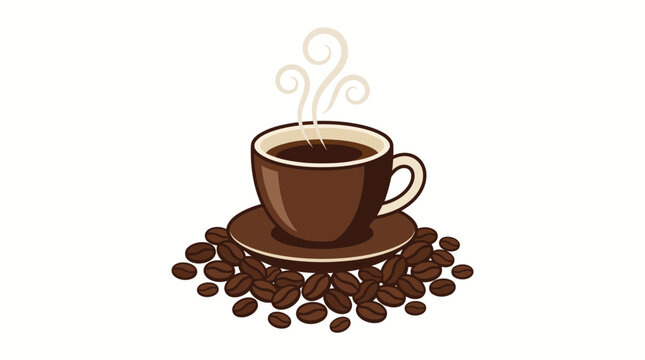 A steaming hot cup of fresh black coffee resting on a pile of roasted coffee beans.