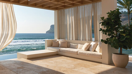Fototapeta premium Ivory lounge seating sits beneath a wooden pergola on a seaside terrace with linen curtains and a potted tree.