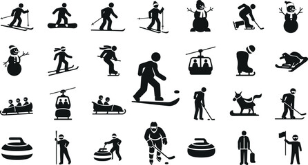 Obraz premium Winter sports icons collection skiing snowboarding ice skating hockey curling and sledding silhouettes isolated on transparent background