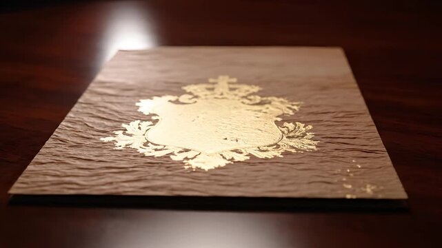 Elegant Gold Leaf Design on Textured Wooden Surface.