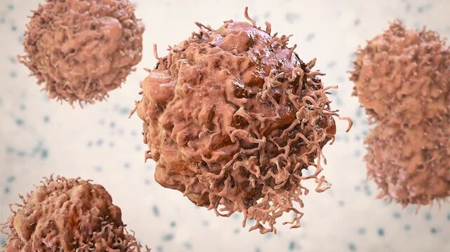 Tumour cells, 3D animation showing slowly drifting and rotating malignant cells, illustrating uncontrolled proliferation and cancer pathology in medical context.