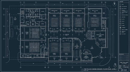 Architectural floor plan blueprint of a multiscreen cinema complex © S.Siam