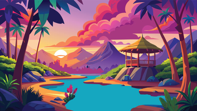 Tropical beach landscape with a wooden gazebo and palm trees during a colorful sunset Vector