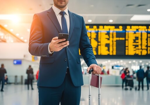 A businessman using a smartphone while holding a suitcase in an airport with warm professional mood.