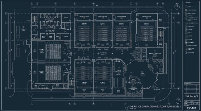 Architectural floor plan blueprint of a multiscreen cinema complex