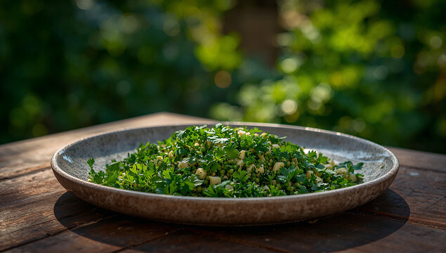 Fresh tabbouleh salad on plate on outdoor wooden table with middle eastern with side dish with raw food