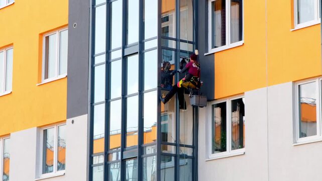 Exterior cleaning operation. Urban highrise building cleaning performed using specialized rope access and safety equipment