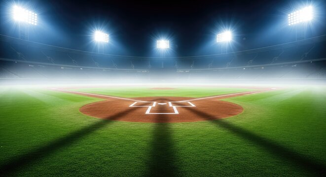 A dramatic view of an empty baseball diamond glowing under powerful stadium floodlights as light mist drifts across the outfield grass, empty, vapor, field