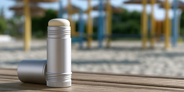 sun protection products, a sunblock stick with white zinc oxide cream for professional use, on a sunlit beach backdrop