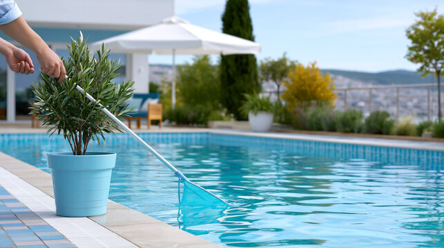 Person cleaning swimming pool with skimmer net beside modern backyard pool, home maintenance and outdoor care concept