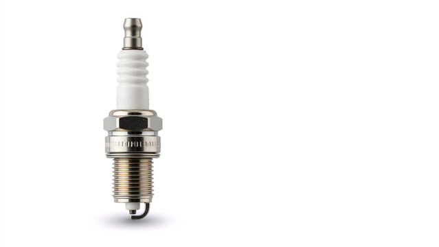 New spark plug isolated on white background. Automotive engine ignition part. Copy space for text