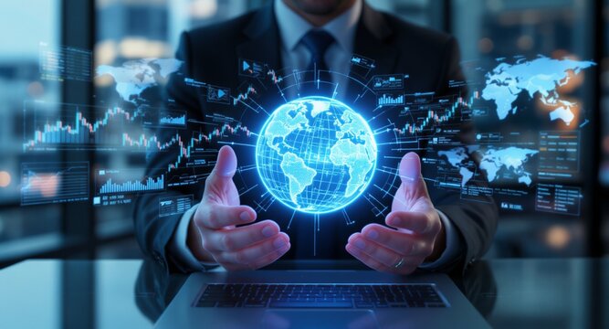 Digital finance concept with businessman holding hologram globe and stock market charts, global business analytics and futuristic technology visualization over laptop