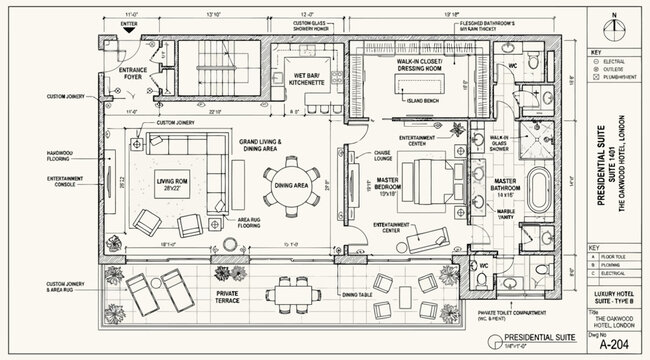Architectural floor plan of a luxury hotel presidential suite with terrace and master bedroom