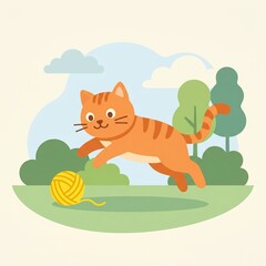 Fototapeta premium playful active cat, simple flat vector, smooth shapes, clean composition, healthy lifestyle concept